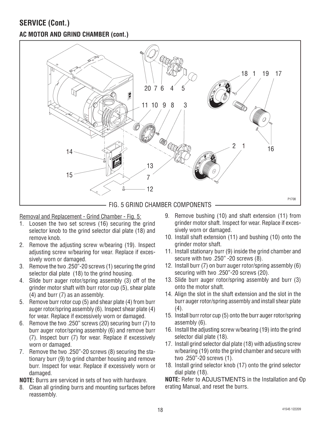 Bunn LPG-2, G9WD, G2 TRIFECTA, G9-2T DBC, FPG-2 service manual Grind Chamber Components 