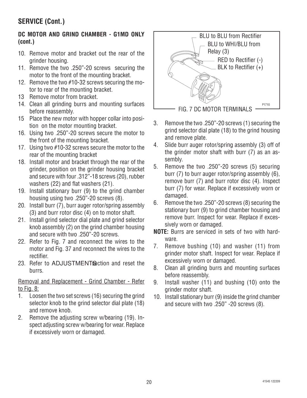 Bunn FPG-2, LPG-2, G9WD, G2 TRIFECTA, G9-2T DBC service manual DC Motor and Grind Chamber G1MD only, DC Motor Terminals 