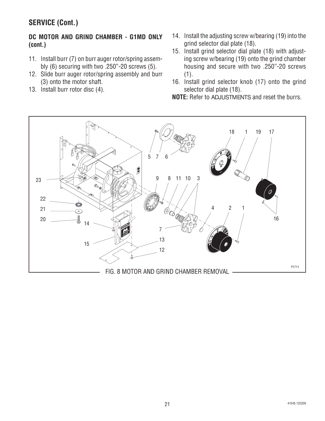 Bunn LPG-2, G9WD, G2 TRIFECTA, G9-2T DBC, FPG-2 service manual Motor and Grind Chamber Removal 