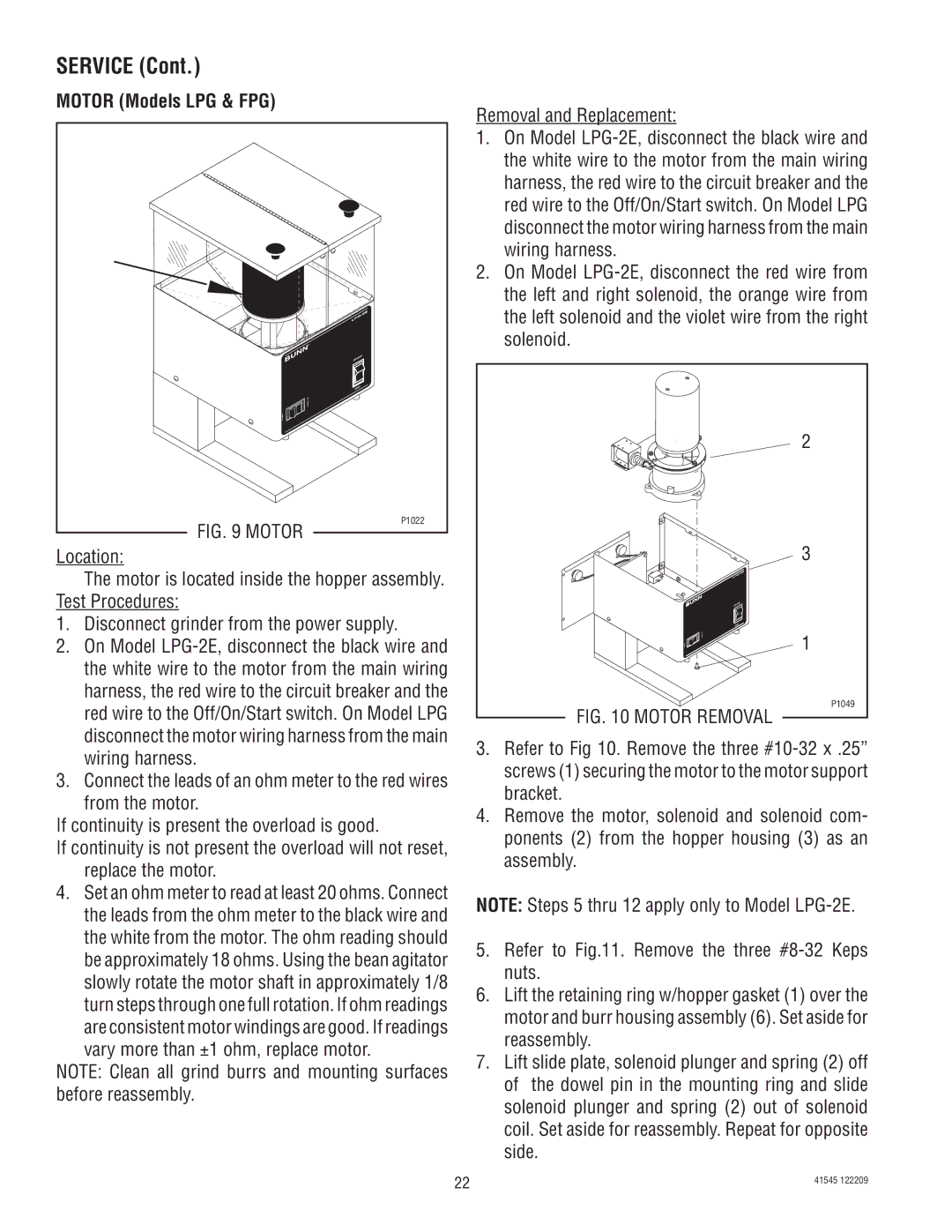 Bunn G9WD, LPG-2, G2 TRIFECTA, G9-2T DBC, FPG-2 service manual Motor Models LPG & FPG 