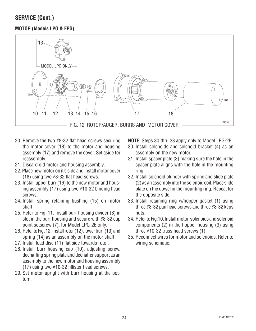 Bunn G2 TRIFECTA, LPG-2, G9WD, G9-2, FPG-2 Install load disc 11 flat side towards rotor, ROTOR/AUGER, Burrs and Motor Cover 