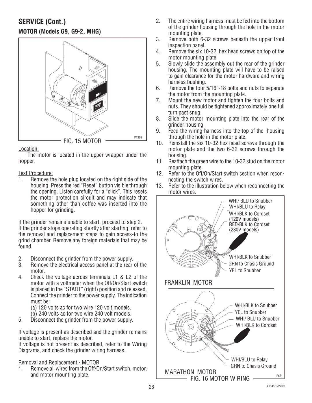 Bunn G9-2T DBC, LPG-2, G9WD, G2 TRIFECTA, FPG-2 service manual Motor Models G9, G9-2, MHG, Franklin Motor, Marathon Motor 