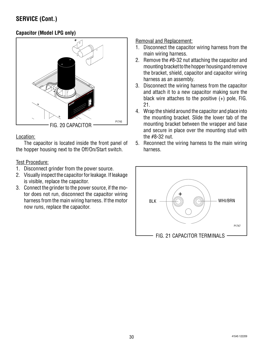 Bunn LPG-2, G9WD, G2 TRIFECTA, G9-2T DBC, FPG-2 service manual Capacitor Model LPG only, Capacitor Terminals 