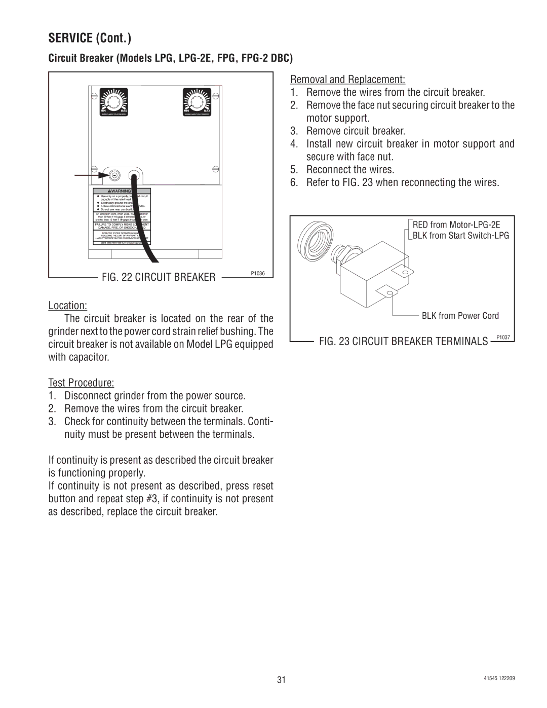 Bunn G2 TRIFECTA, G9WD, G9-2T DBC service manual Circuit Breaker Models LPG, LPG-2E, FPG, FPG-2 DBC 