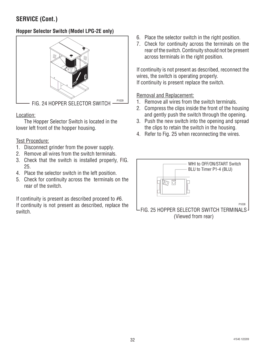 Bunn G9WD, G2 TRIFECTA, G9-2T DBC, FPG-2 service manual Hopper Selector Switch Model LPG-2E only, Viewed from rear 