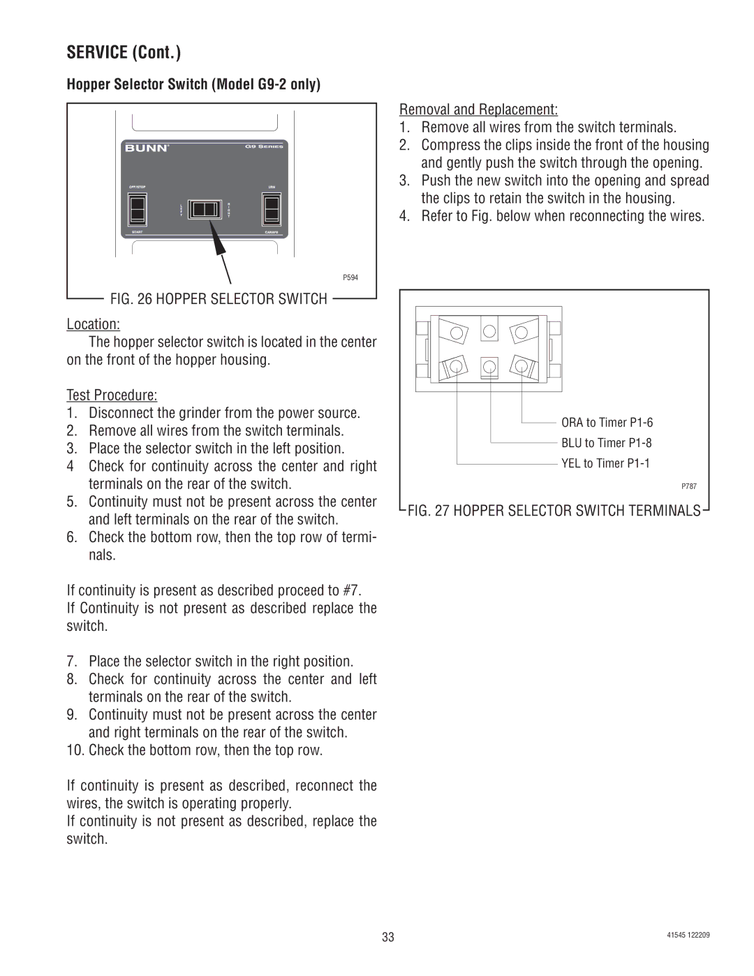 Bunn G9-2T DBC, LPG-2, G9WD, FPG-2 Hopper Selector Switch Model G9-2 only, Refer to Fig. below when reconnecting the wires 