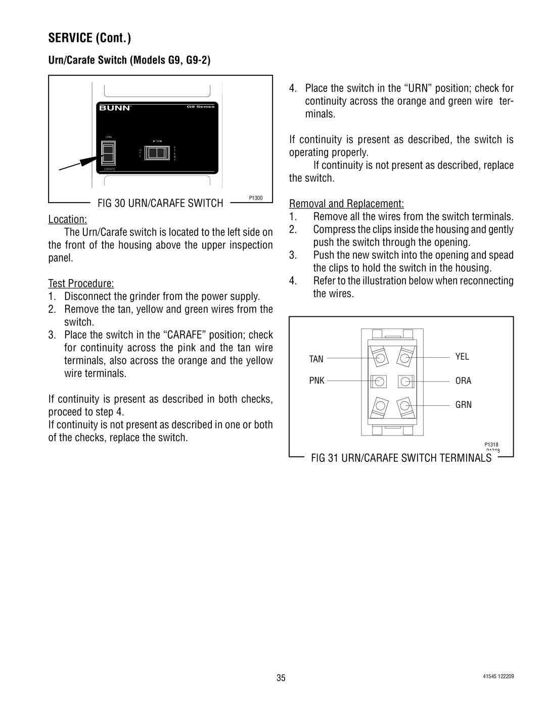 Bunn LPG-2, G9WD, G9-2T DBC Urn/Carafe Switch Models G9, G9-2, Refer to the illustration below when reconnecting the wires 