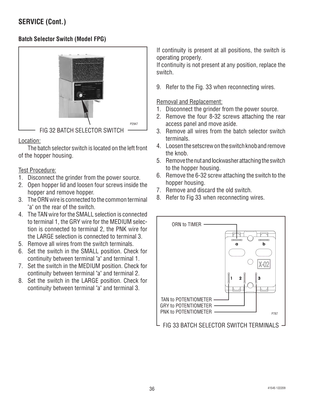 Bunn G9WD, LPG-2, G2 TRIFECTA, G9-2T DBC, FPG-2 Batch Selector Switch Model FPG, Batch Selector Switch Terminals 