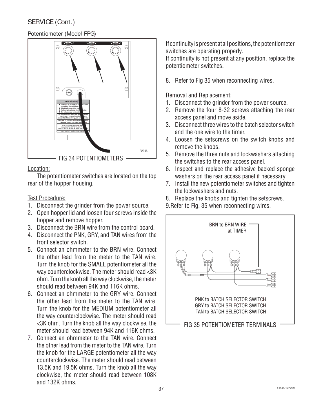 Bunn LPG-2, G9WD, G2 TRIFECTA, G9-2T DBC, FPG-2 service manual Potentiometer Model FPG, Potentiometer Terminals 