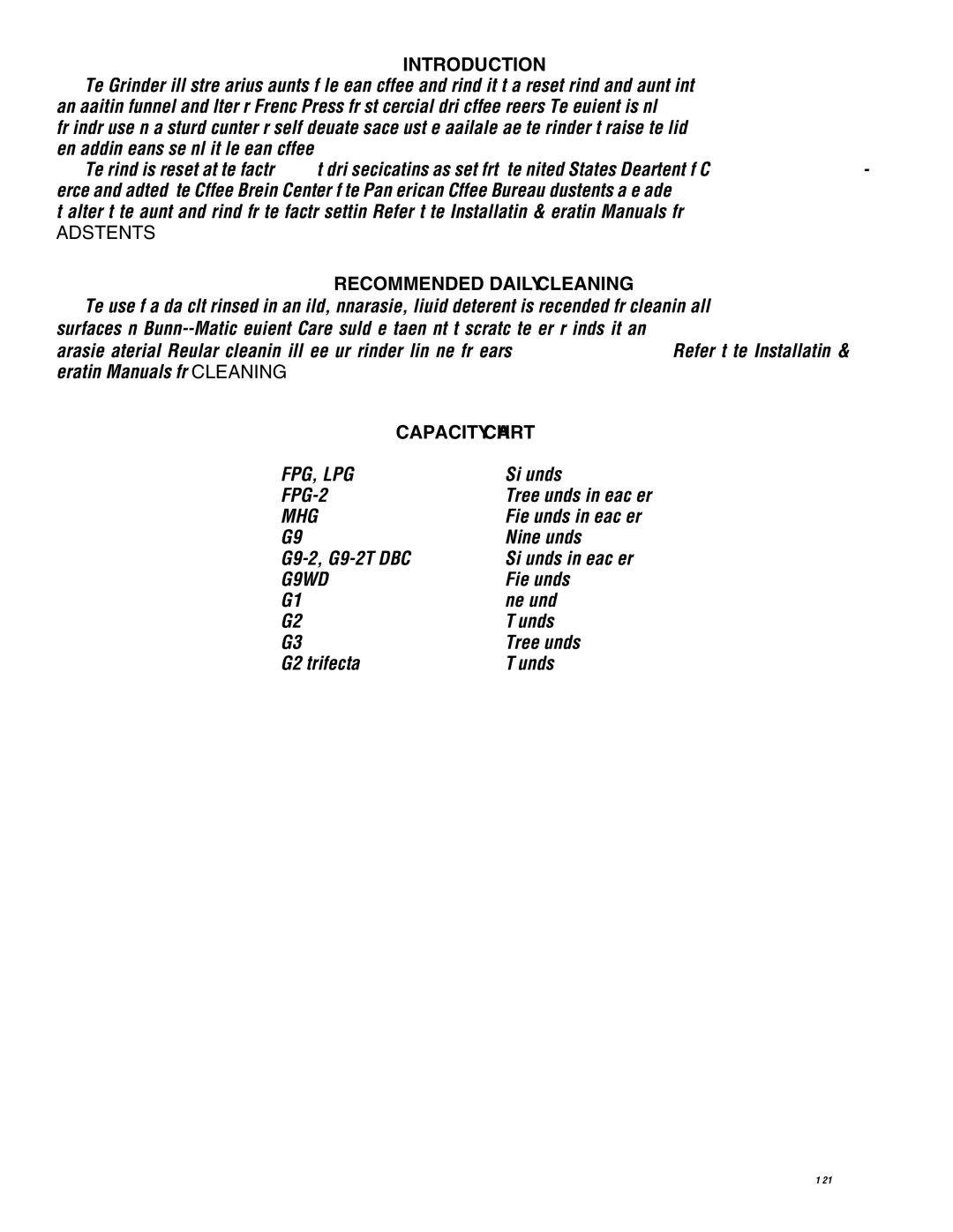 Bunn LPG-2, G9WD, G2 TRIFECTA, G9-2T DBC, FPG-2 service manual Introduction, Recommended Daily Cleaning, Capacity Chart 