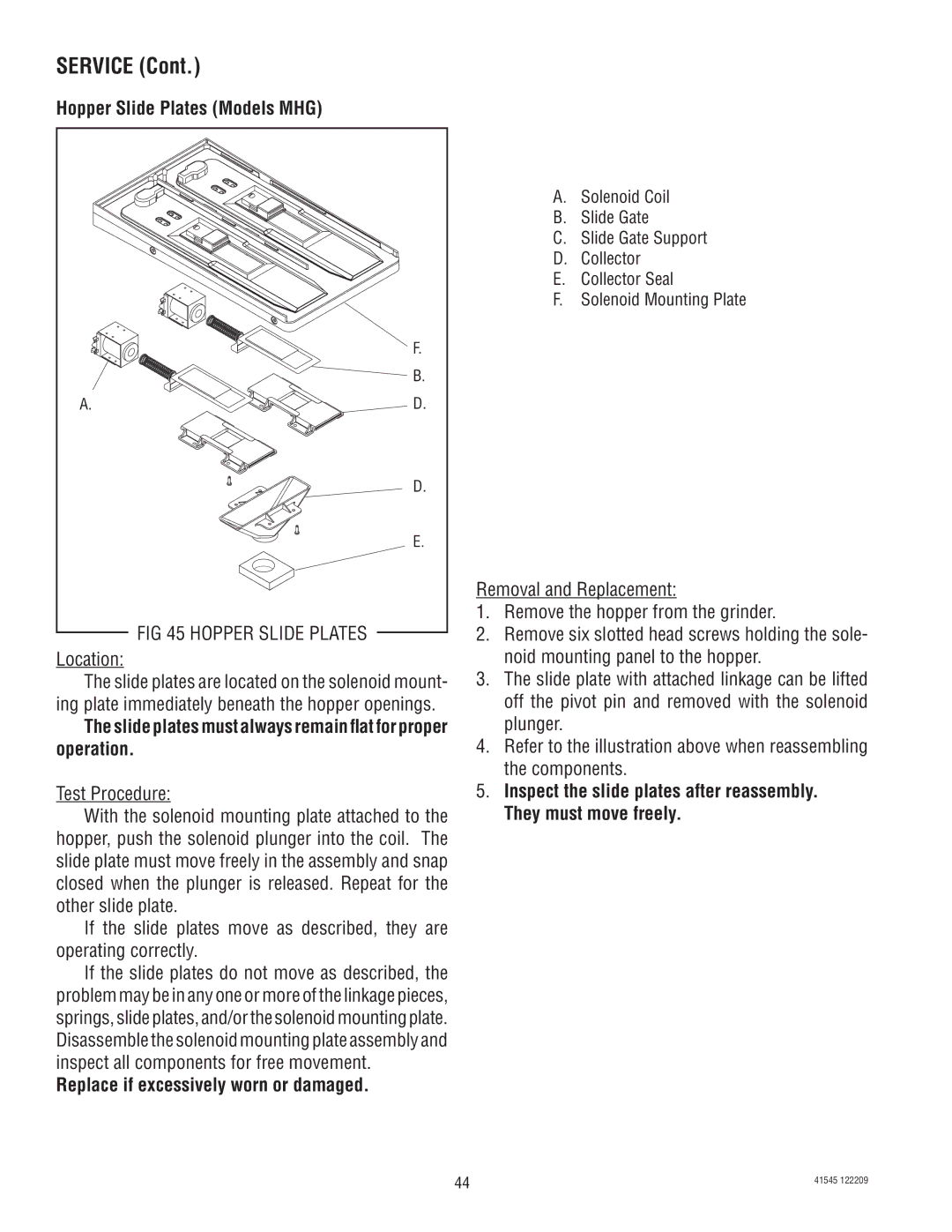 Bunn LPG-2, G9WD, G2 TRIFECTA, G9-2T DBC, FPG-2 service manual Hopper Slide Plates Models MHG 