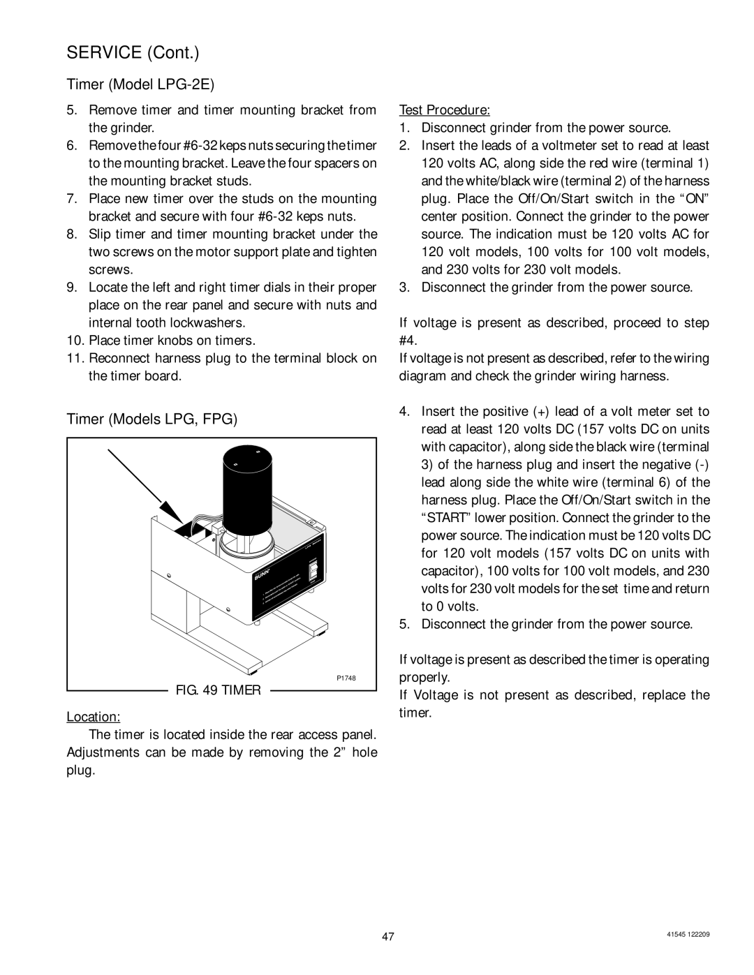 Bunn G9-2T DBC, LPG-2, G9WD, G2 TRIFECTA, FPG-2 service manual Timer Models LPG, FPG 