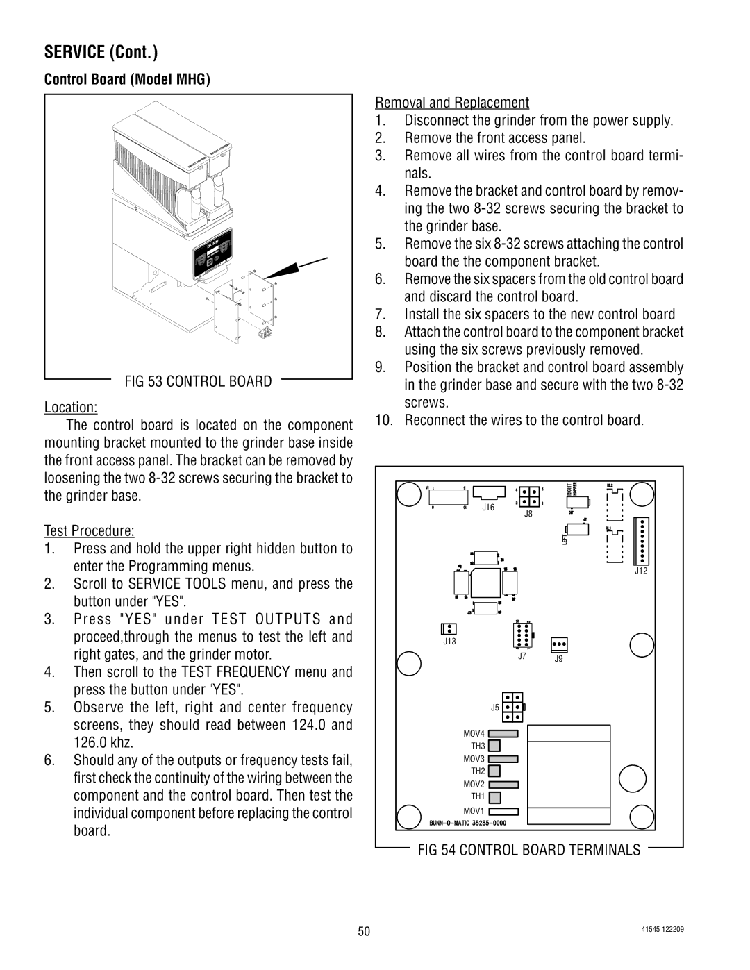 Bunn G9WD, LPG-2, G2 TRIFECTA, G9-2T DBC, FPG-2 service manual Control Board Model MHG 