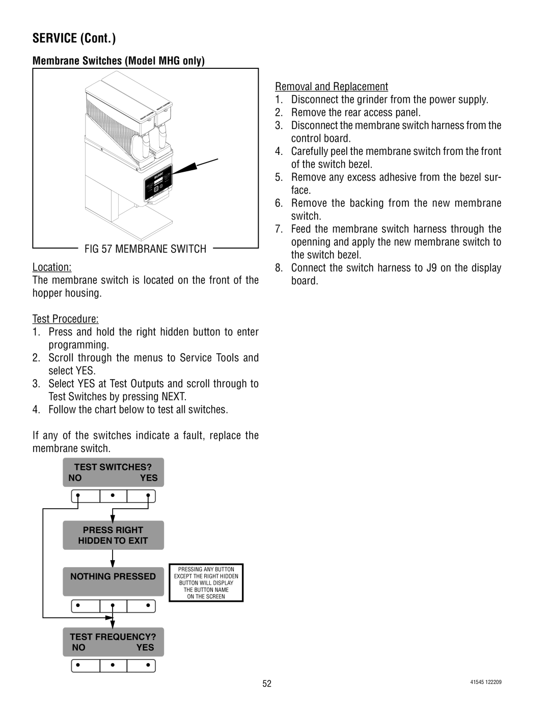 Bunn G2 TRIFECTA, LPG-2, G9WD, G9-2T DBC, FPG-2 service manual Membrane Switches Model MHG only 