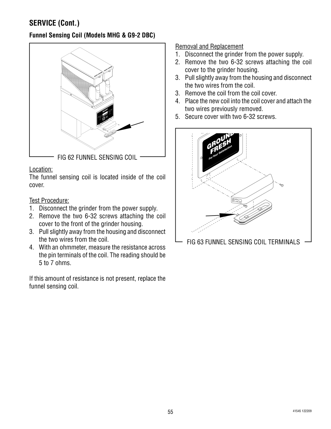 Bunn FPG-2, LPG-2, G9WD, G2 TRIFECTA, G9-2T DBC service manual Funnel Sensing Coil Models MHG & G9-2 DBC 