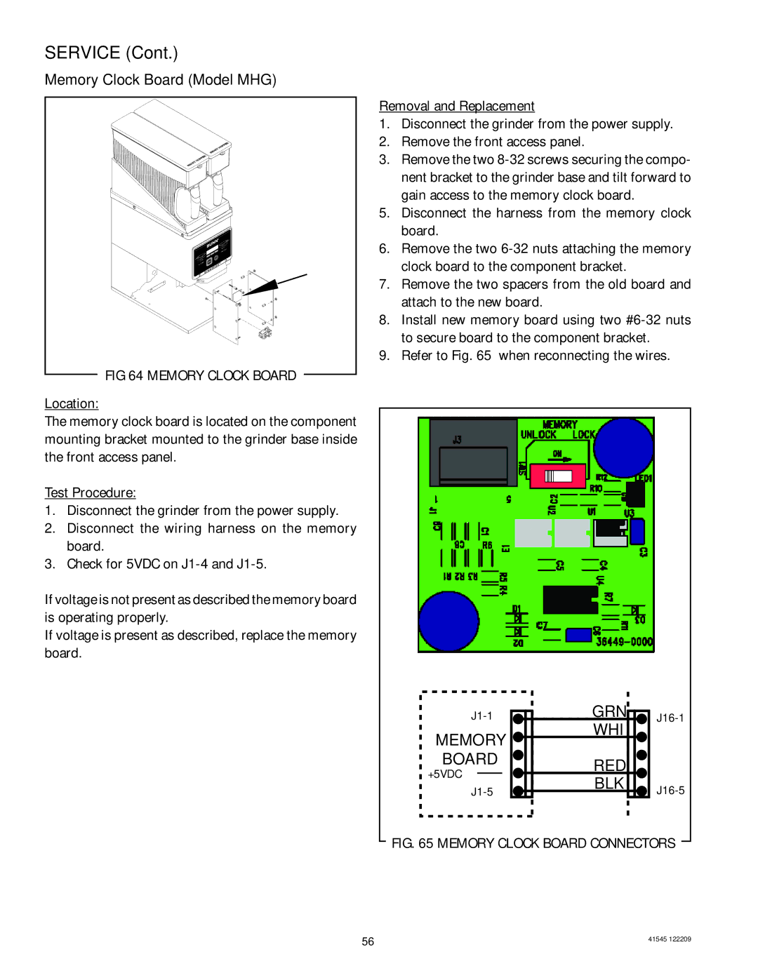 Bunn LPG-2, G9WD, G2 TRIFECTA, G9-2, FPG-2 Memory Clock Board Model MHG, Disconnect the harness from the memory clock board 