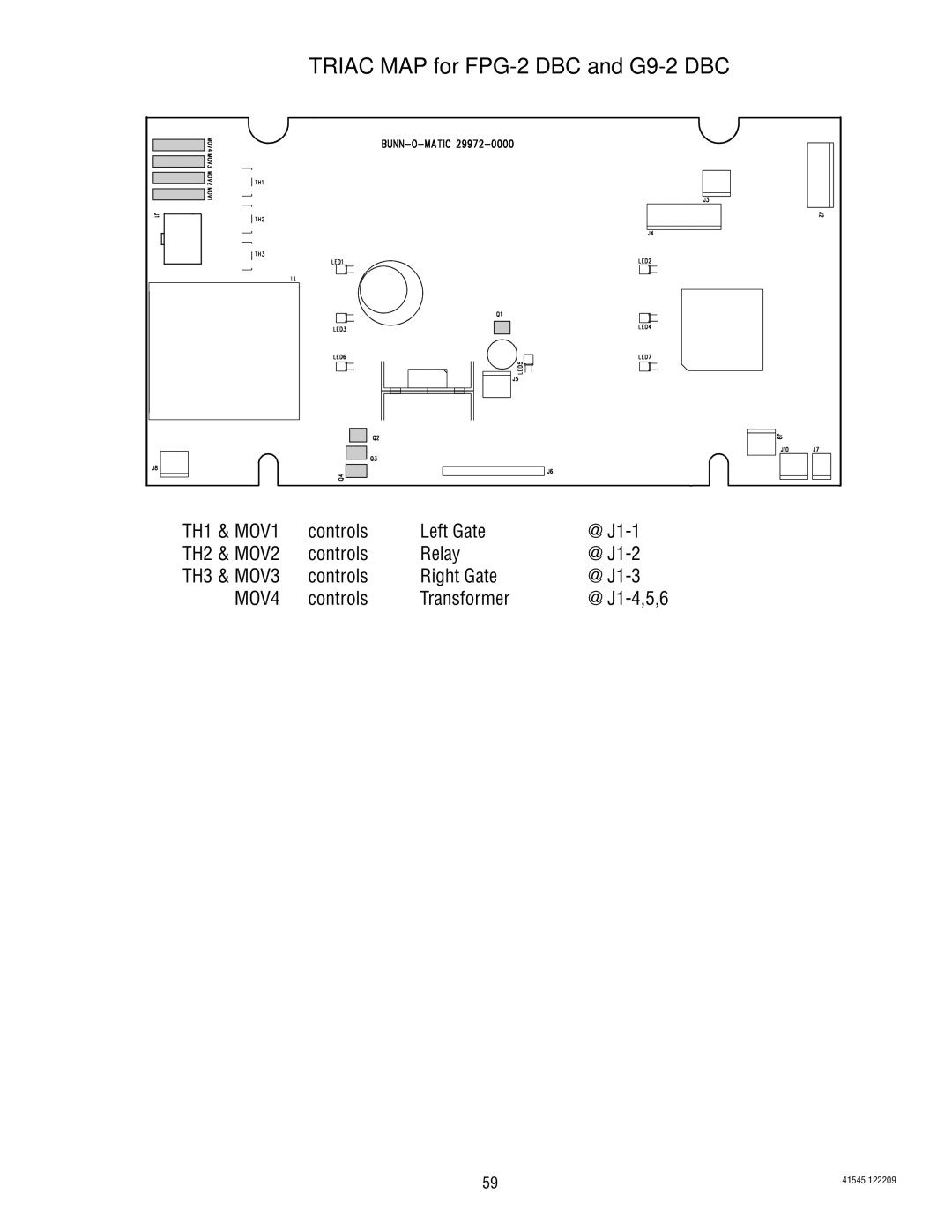 Bunn G2 TRIFECTA, LPG-2, G9WD Triac MAP for FPG-2 DBC and G9-2 DBC, Controls Left Gate @ J1-1, Controls Relay @ J1-2, MOV4 