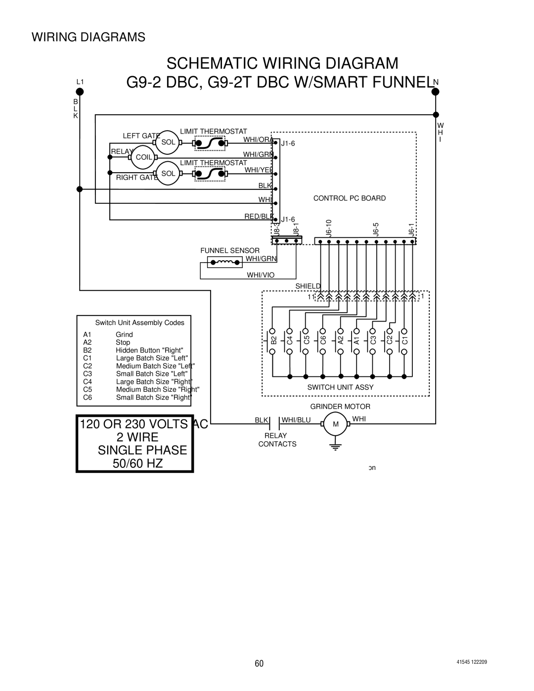 Bunn LPG-2, G9WD, G2 TRIFECTA, FPG-2 service manual G9-2 DBC, G9-2T DBC W/SMART Funnel, 50/60 HZ 