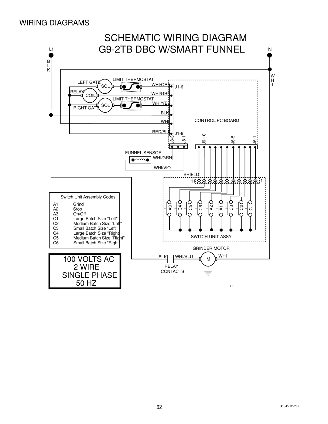 Bunn FPG-2, LPG-2, G9WD, G2 TRIFECTA, G9-2T DBC service manual Schematic Wiring Diagram G9-2TB DBC W/SMART Funnel, 50 HZ 