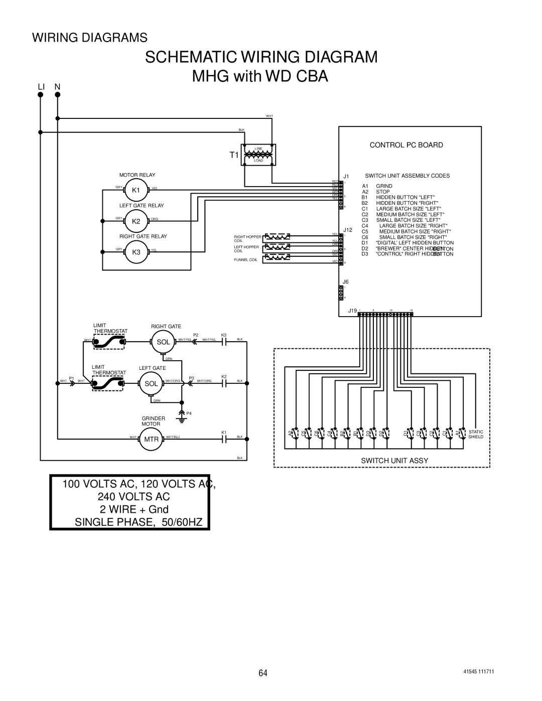 Bunn G9WD, LPG-2, G2 TRIFECTA, G9-2T DBC, FPG-2 service manual Volts AC, 120 Volts AC, Wire + Gnd, Single PHASE, 50/60HZ 