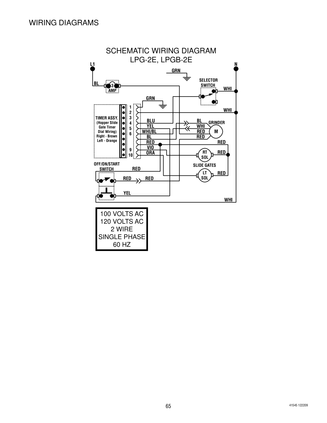 Bunn LPG-2, G9WD, G2 TRIFECTA, G9-2T DBC, FPG-2 service manual Volts AC Wire Single Phase, 60 HZ 