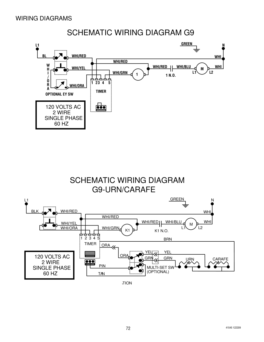 Bunn LPG-2, G9WD, G2 TRIFECTA, G9-2T DBC, FPG-2 service manual Volts AC Wire Single Phase, 60 HZ 