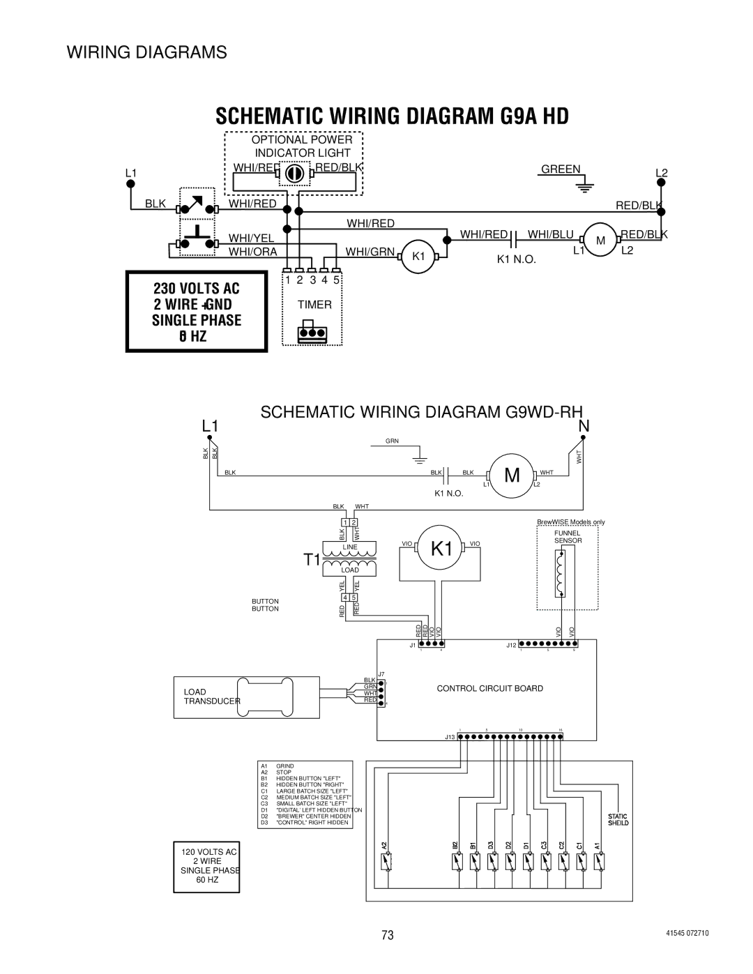 Bunn G2 TRIFECTA, LPG-2, G9WD, G9-2T DBC, FPG-2 service manual Schematic Wiring Diagram G9A HD, 50 HZ 