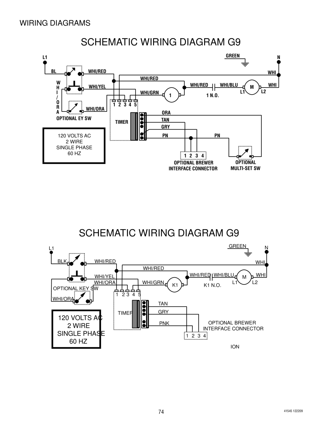 Bunn LPG-2, G9WD, G2 TRIFECTA, G9-2T DBC, FPG-2 service manual Blk Whi/Red Whi/Yel Whi/Blu 