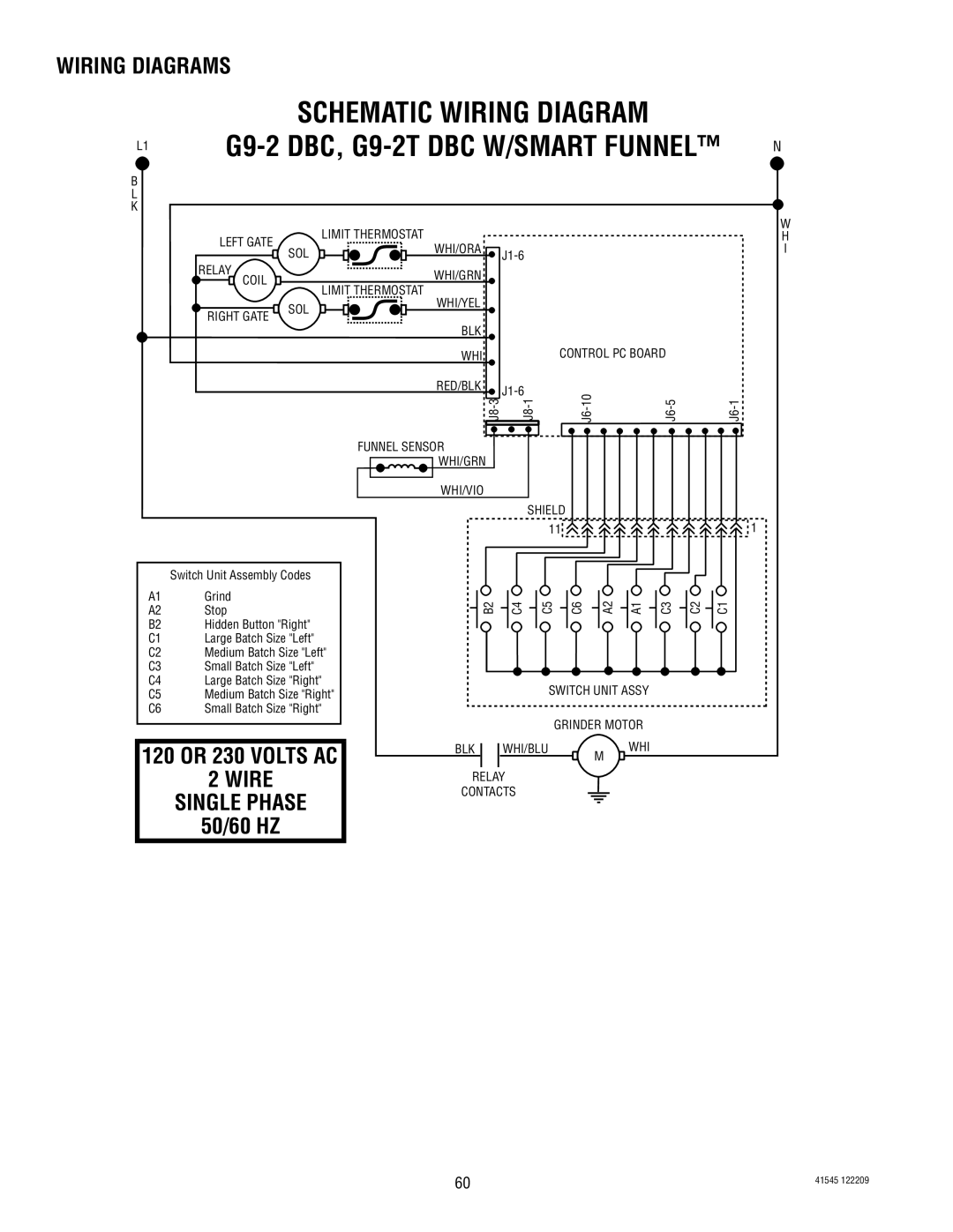 Bunn LPG-2 Schematic Wiring Diagram, G9-2DBC, G9-2TDBC W/SMART FUNNEL, Wiring Diagrams, 2WIRE SINGLE PHASE 50/60 HZ 