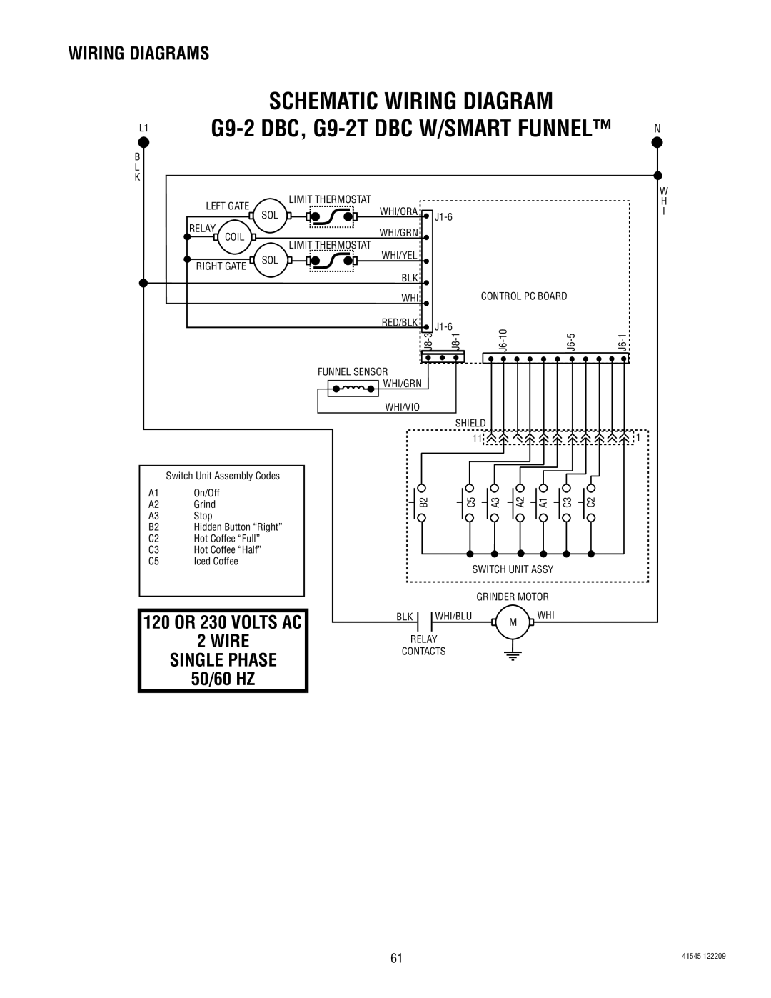 Bunn G9-2T DBC Schematic Wiring Diagram, G9-2DBC, G9-2TDBC W/SMART FUNNEL, Wiring Diagrams, 2WIRE SINGLE PHASE 50/60 HZ 