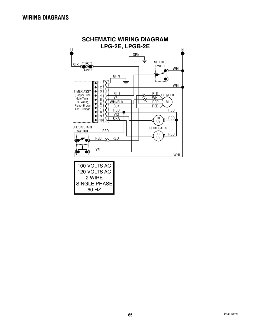 Bunn G9WD Schematic Wiring Diagram, LPG-2E, LPGB-2E, Wiring Diagrams, VOLTS AC 120 VOLTS AC 2 WIRE SINGLE PHASE, 60 HZ 