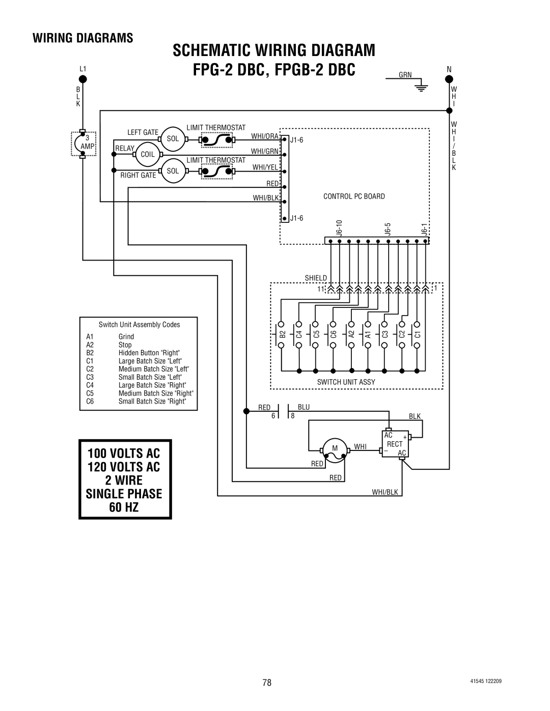 Bunn G9WD FPG-2DBC, FPGB-2DBC, VOLTS AC 120 VOLTS AC 2WIRE SINGLE PHASE, 60 HZ, Wiring Diagrams, Schematic Wiring Diagram 