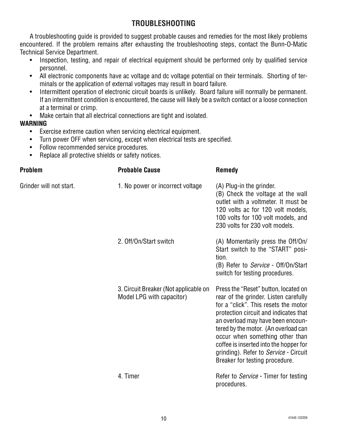 Bunn G9, LPG-2 Problem Probable Cause Remedy, Volts for 230 volt models, Tion, Switch for testing procedures, Procedures 