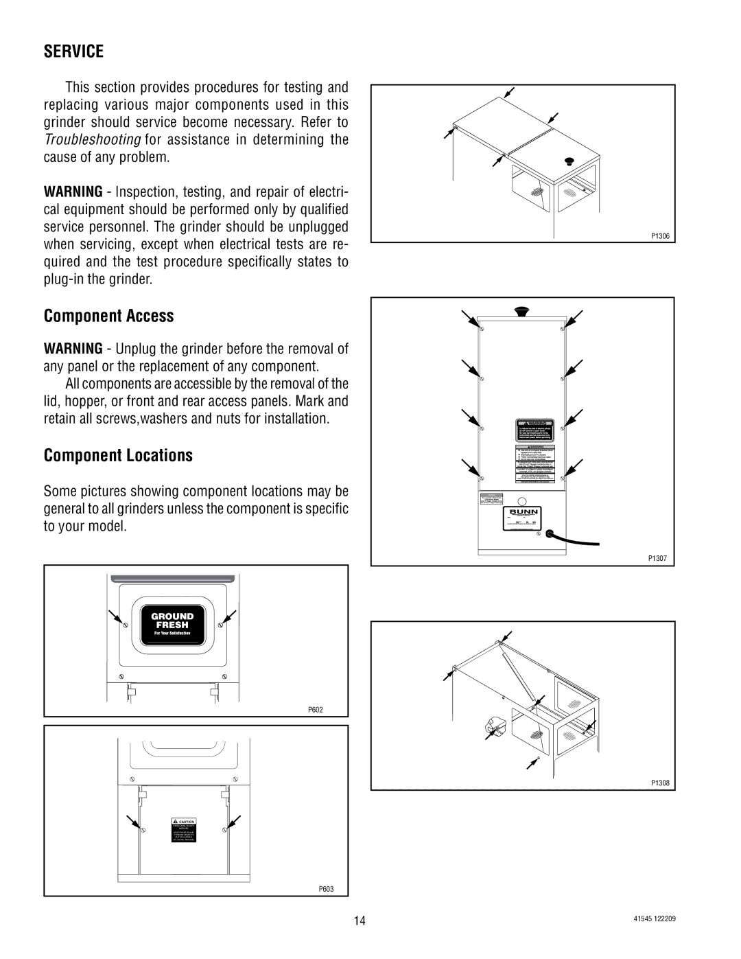 Bunn G1, LPG-2, G9WD, G9-2T DBC, FPG-2 service manual Service, Component Access, Component Locations 