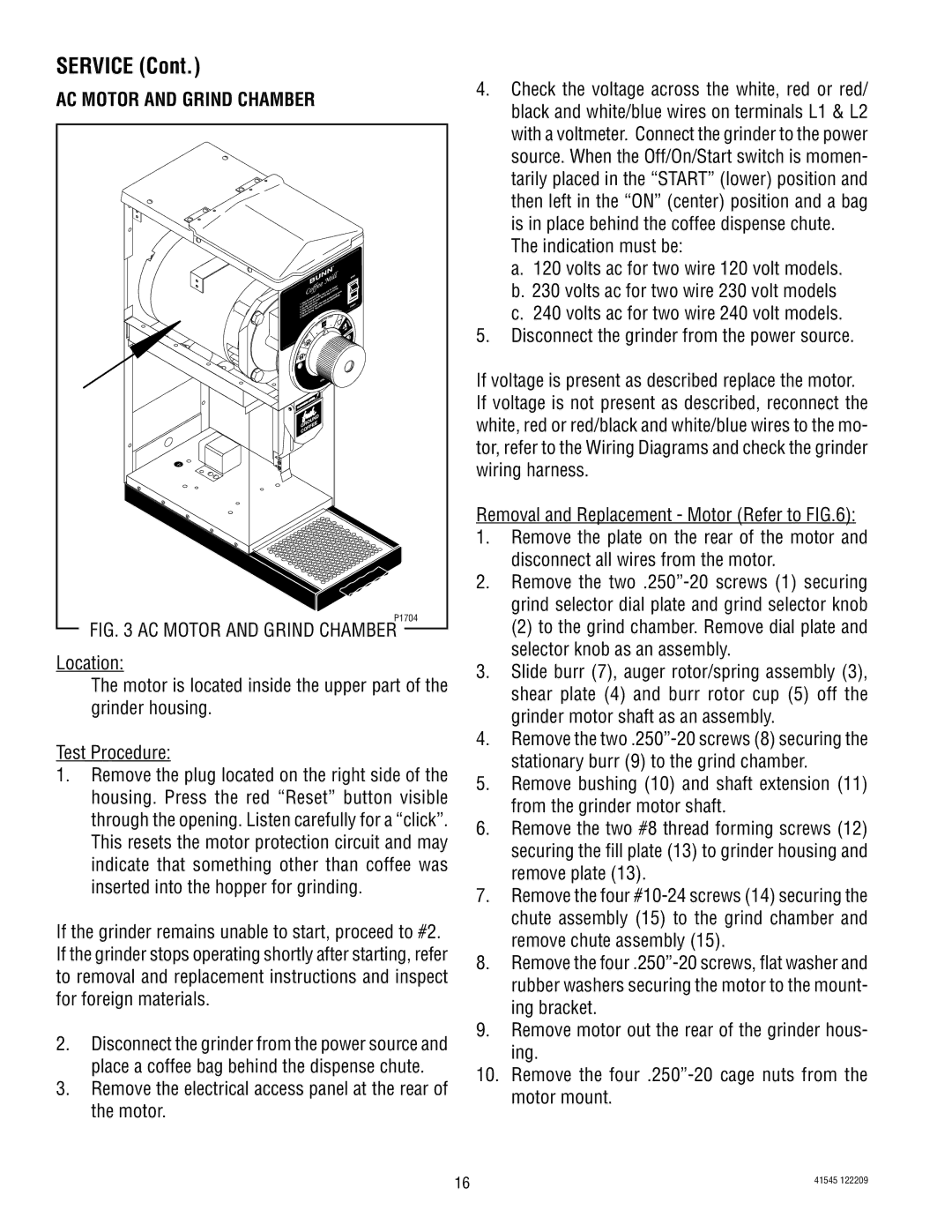 Bunn LPG-2, G9WD, G9-2T DBC, FPG AC Motor and Grind Chamber, Remove the electrical access panel at the rear of the motor 