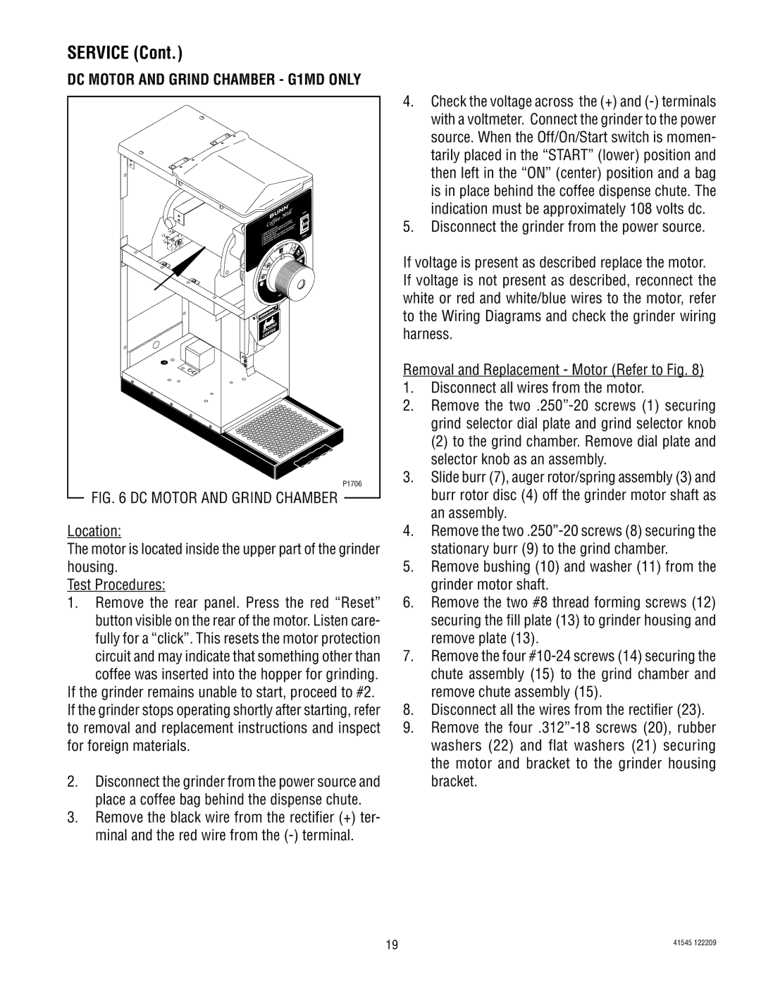 Bunn LPG-2, G9WD, G9-2T DBC, FPG-2 service manual DC Motor and Grind Chamber G1MD only 