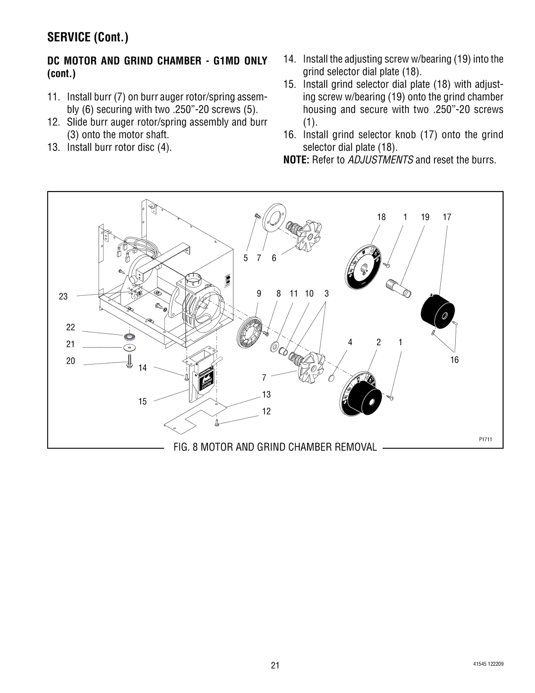 Bunn LPG-2, G9WD, G9-2T DBC, G1, FPG-2 service manual Motor and Grind Chamber Removal 