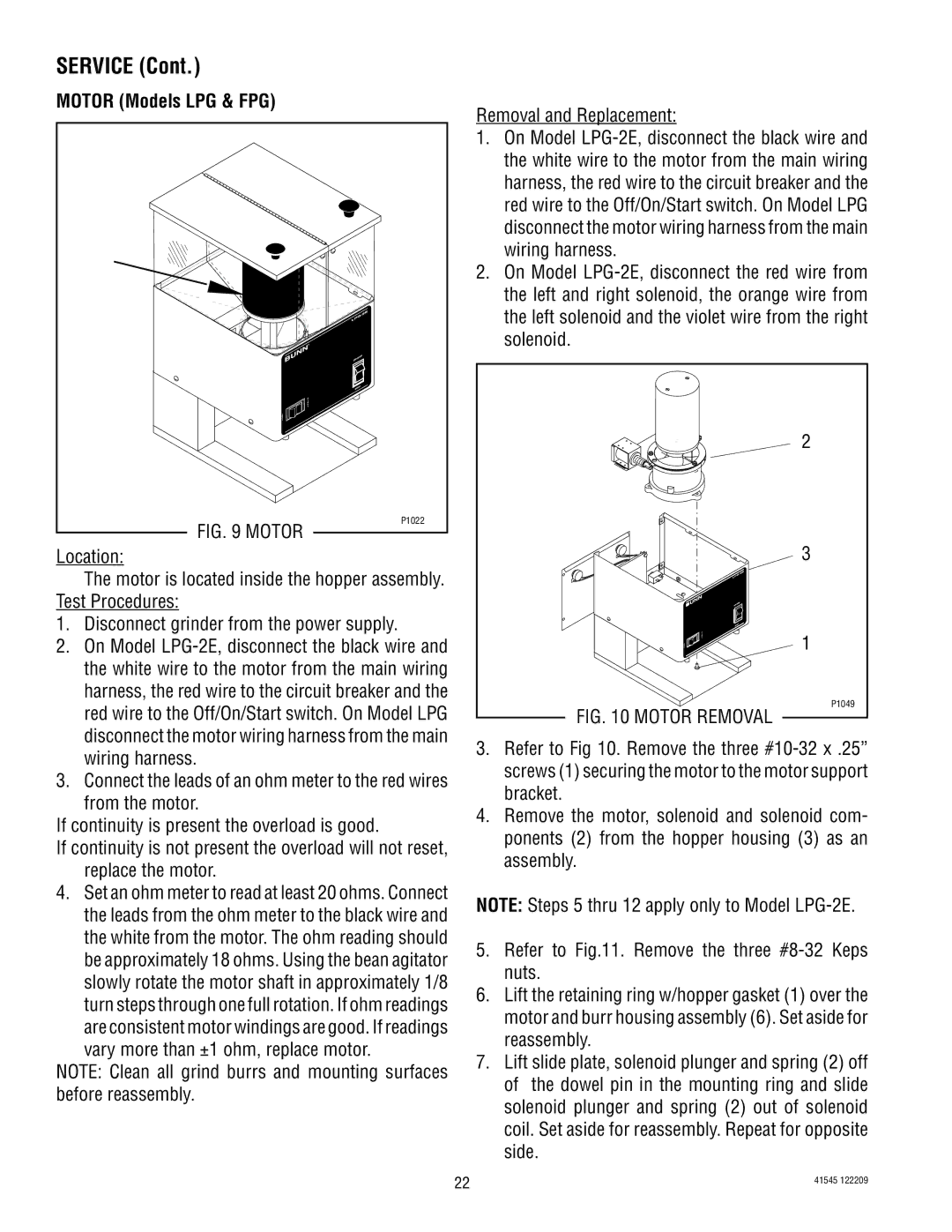 Bunn G1, LPG-2, G9WD, G9-2T DBC, FPG-2 service manual Motor Models LPG & FPG 