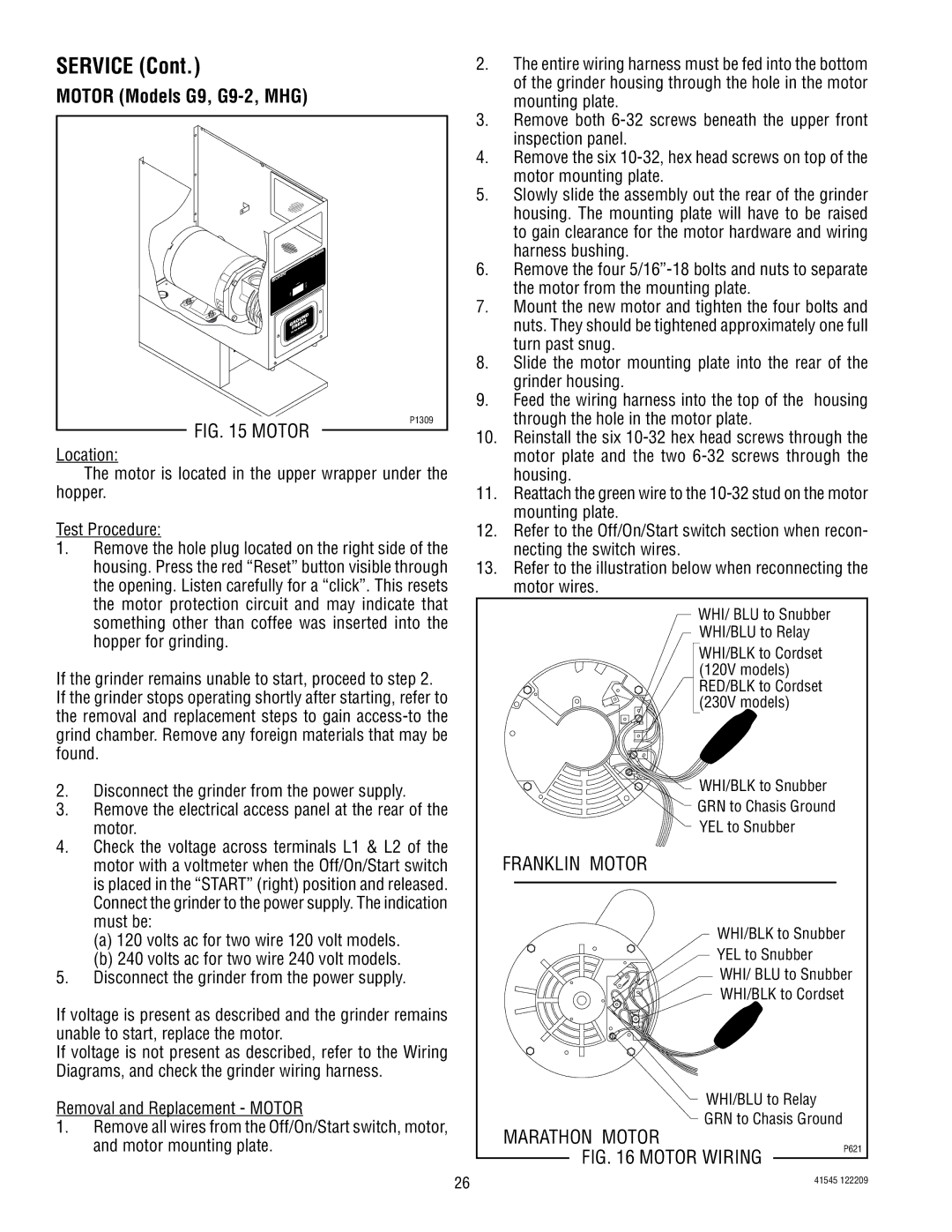 Bunn LPG-2, G9WD, G9-2T DBC, G1, FPG-2 service manual Motor Models G9, G9-2, MHG, Franklin Motor, Marathon Motor 