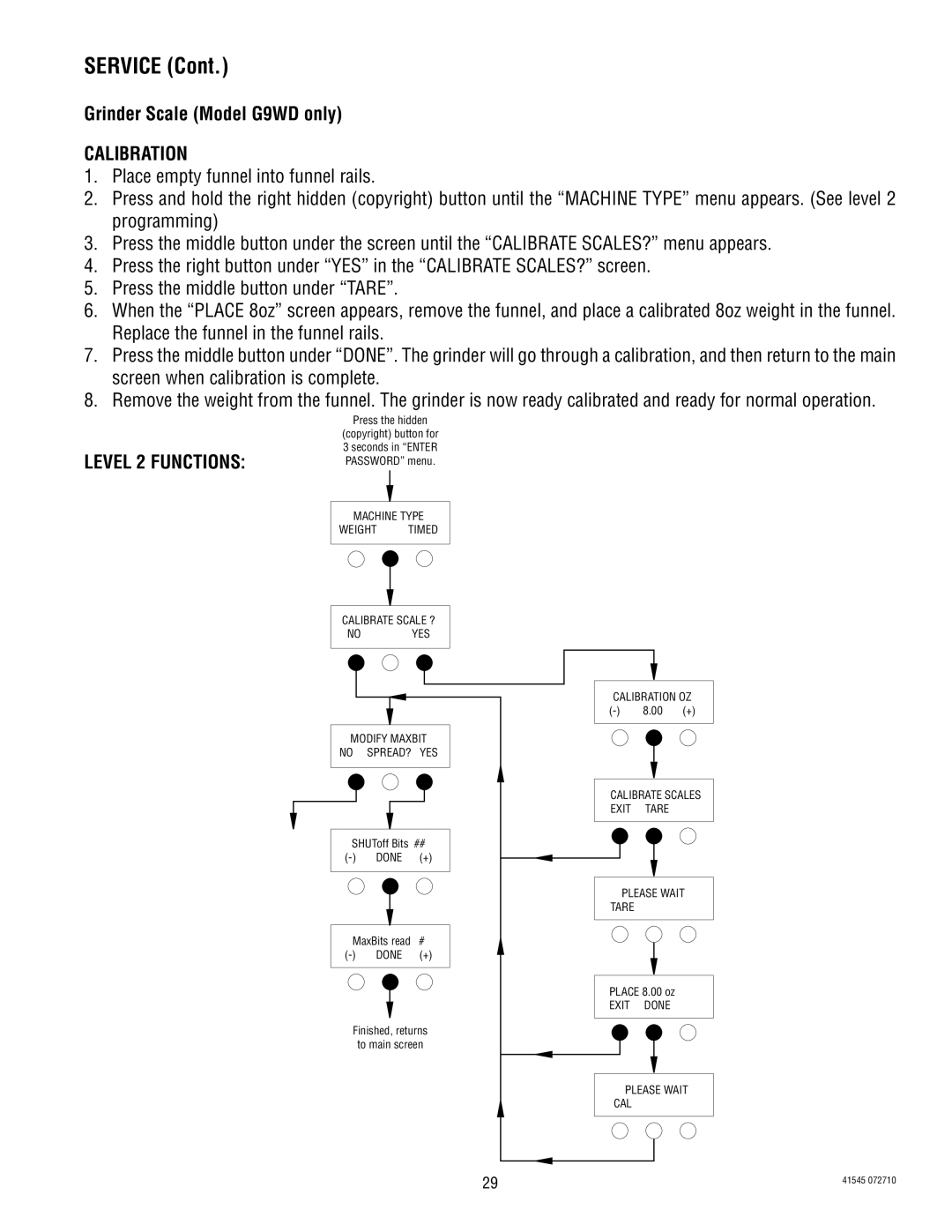 Bunn LPG-2, G9-2T DBC, G1, FPG-2 service manual Grinder Scale Model G9WD only, Calibration, Level 2 Functions 