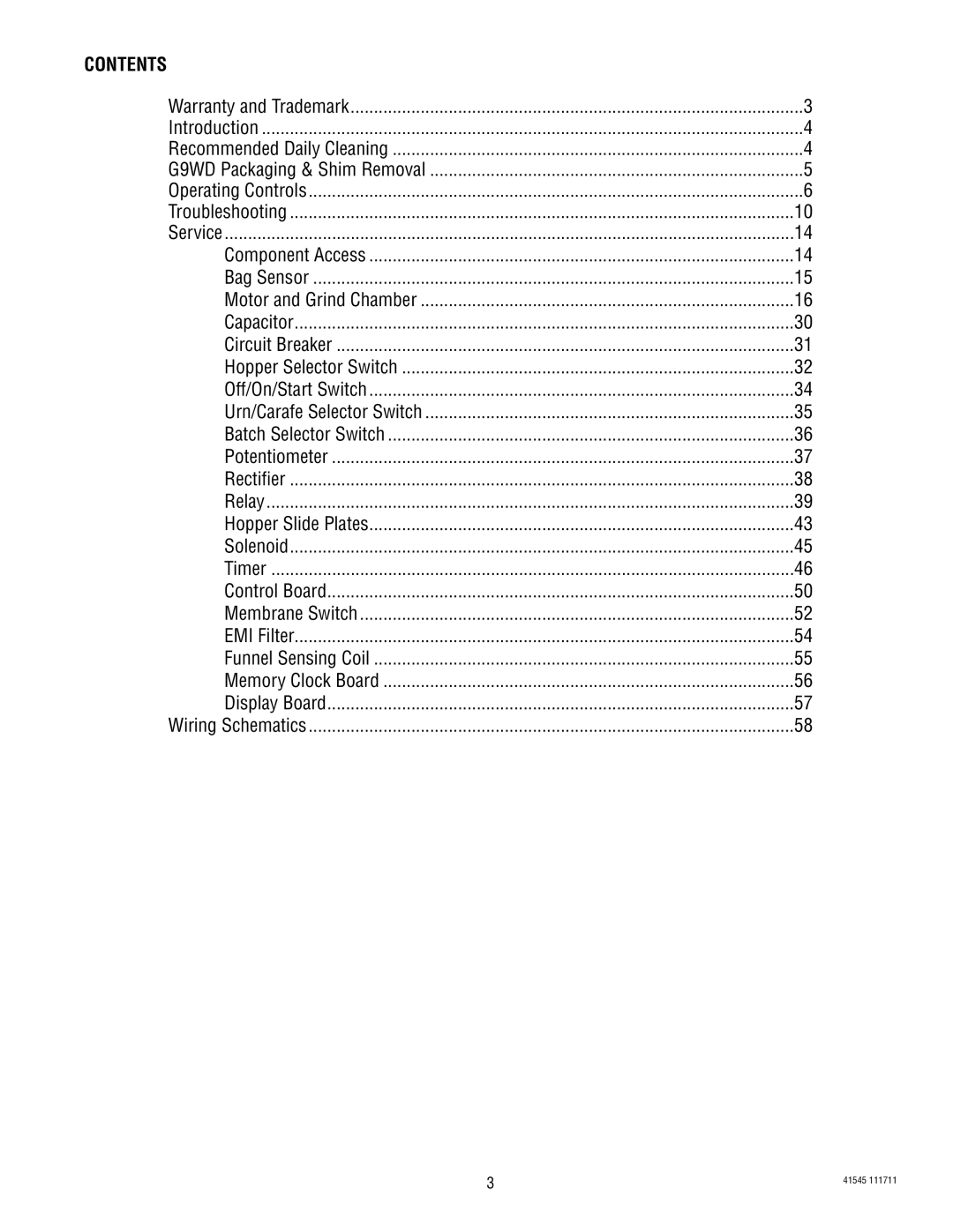 Bunn LPG-2, G9WD, G9-2T DBC, G1, FPG-2 service manual Contents 