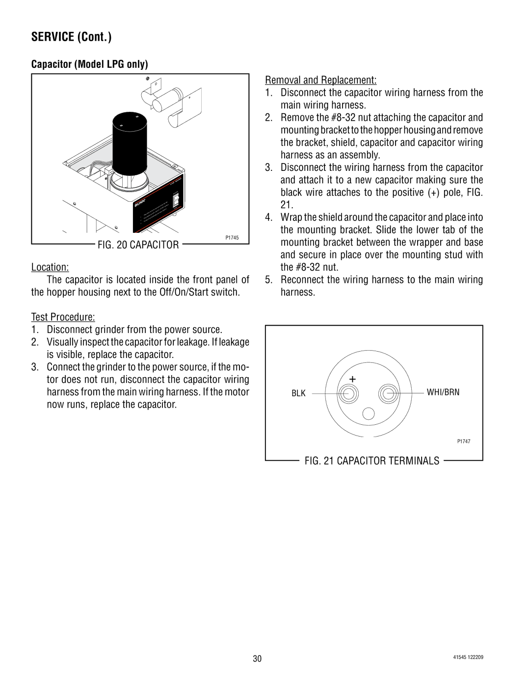 Bunn G1, LPG-2, G9WD, G9-2T DBC, FPG-2 service manual Capacitor Model LPG only, Capacitor Terminals 