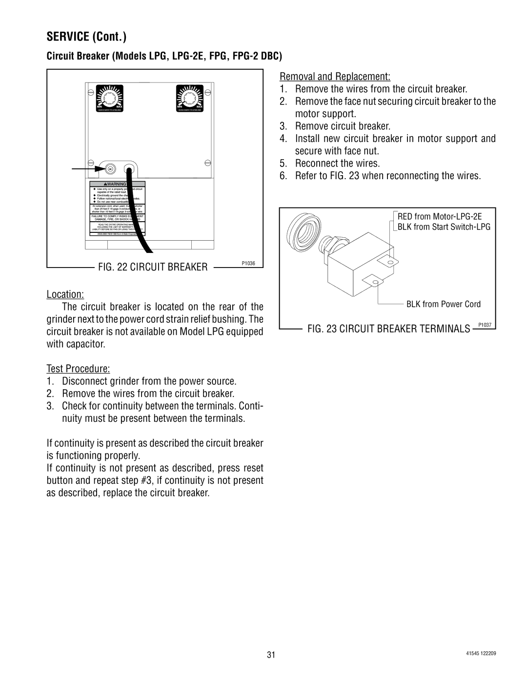 Bunn G9WD, G9-2T DBC, G1 service manual Circuit Breaker Models LPG, LPG-2E, FPG, FPG-2 DBC 