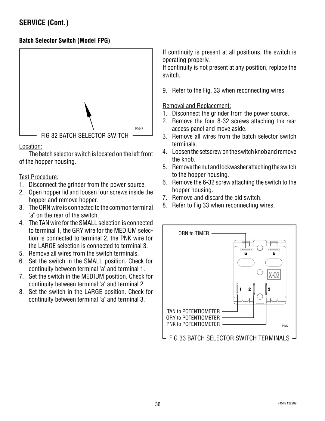 Bunn G9-2T DBC, LPG-2, G9WD, G1, FPG-2 service manual Batch Selector Switch Model FPG, Batch Selector Switch Terminals 