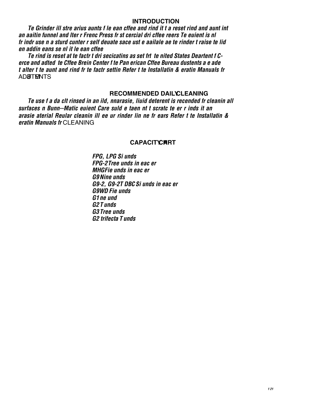 Bunn G9-2T DBC, LPG-2, G9WD, G1, FPG-2 service manual Introduction, Recommended Daily Cleaning, Capacity Chart 