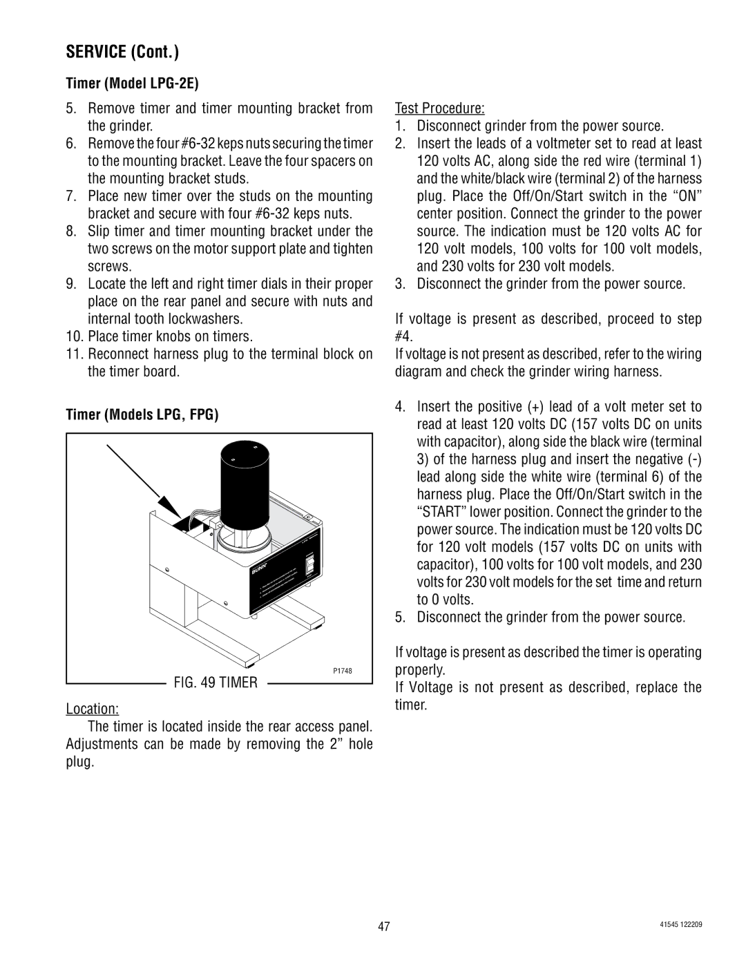 Bunn FPG-2, LPG-2, G9WD, G9-2T DBC, G1 service manual Timer Models LPG, FPG 