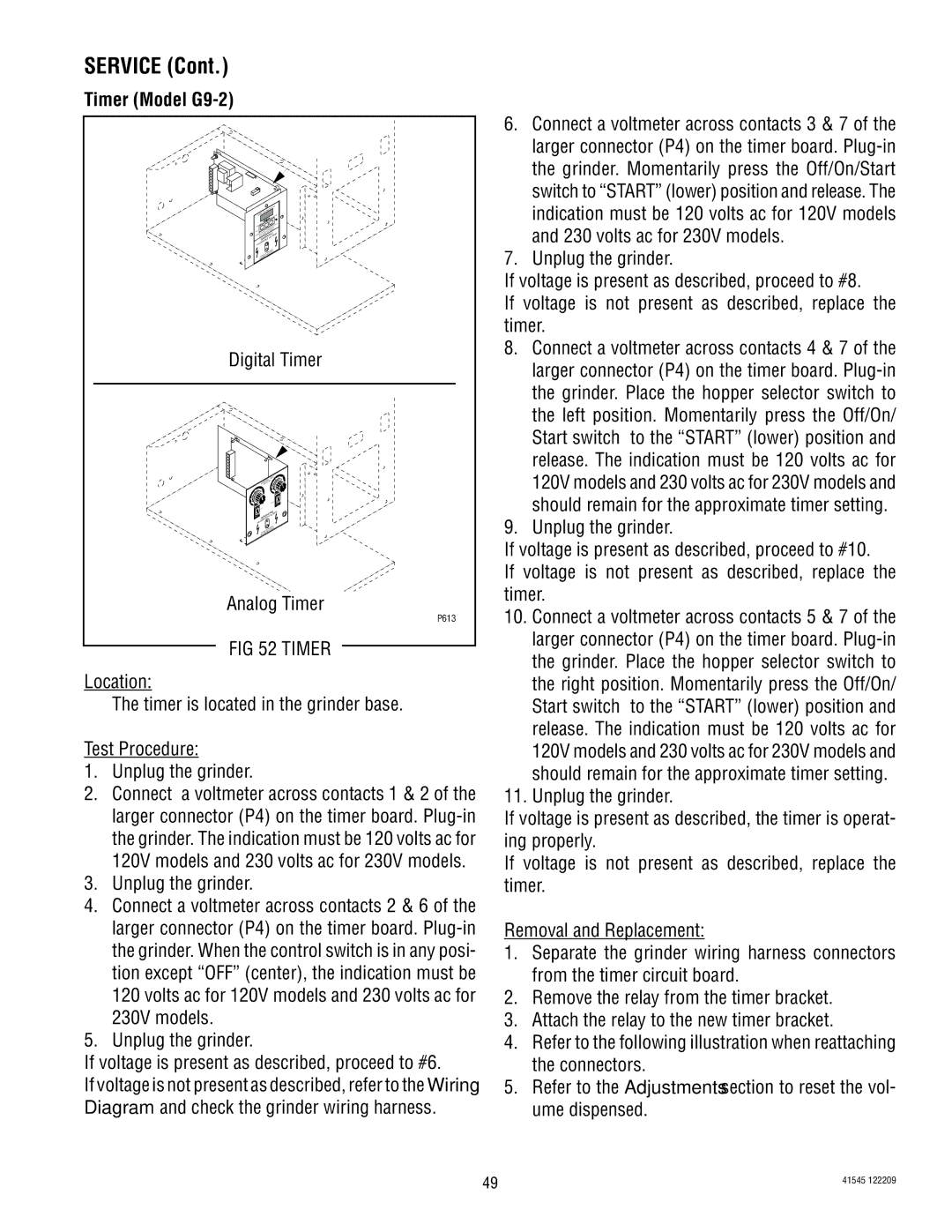 Bunn G9WD, LPG-2, G9-2T DBC, G1, FPG-2 service manual Timer Model G9-2 