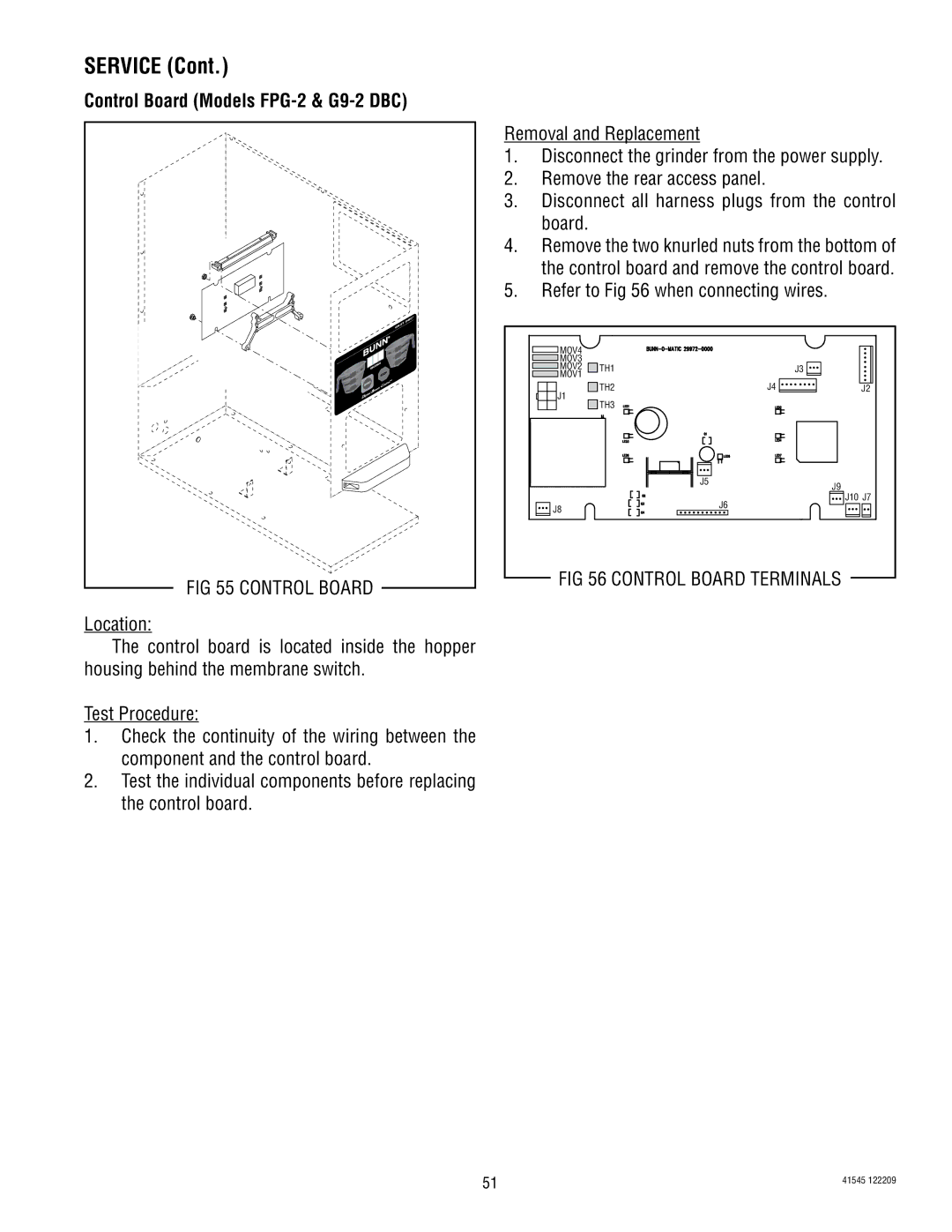 Bunn LPG-2, G9WD, G9-2T DBC, G1, FPG-2 service manual Refer to when connecting wires, Control Board Terminals 