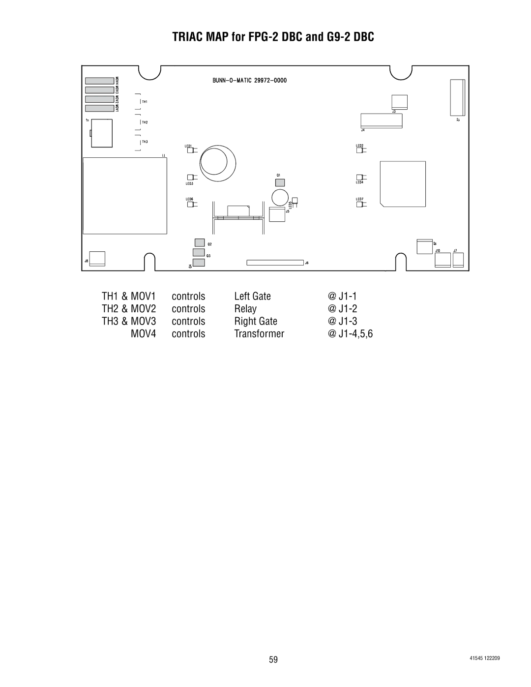 Bunn Triac MAP for FPG-2 DBC and G9-2 DBC, Controls Left Gate @ J1-1, Controls Relay @ J1-2, Controls Right Gate @ J1-3 