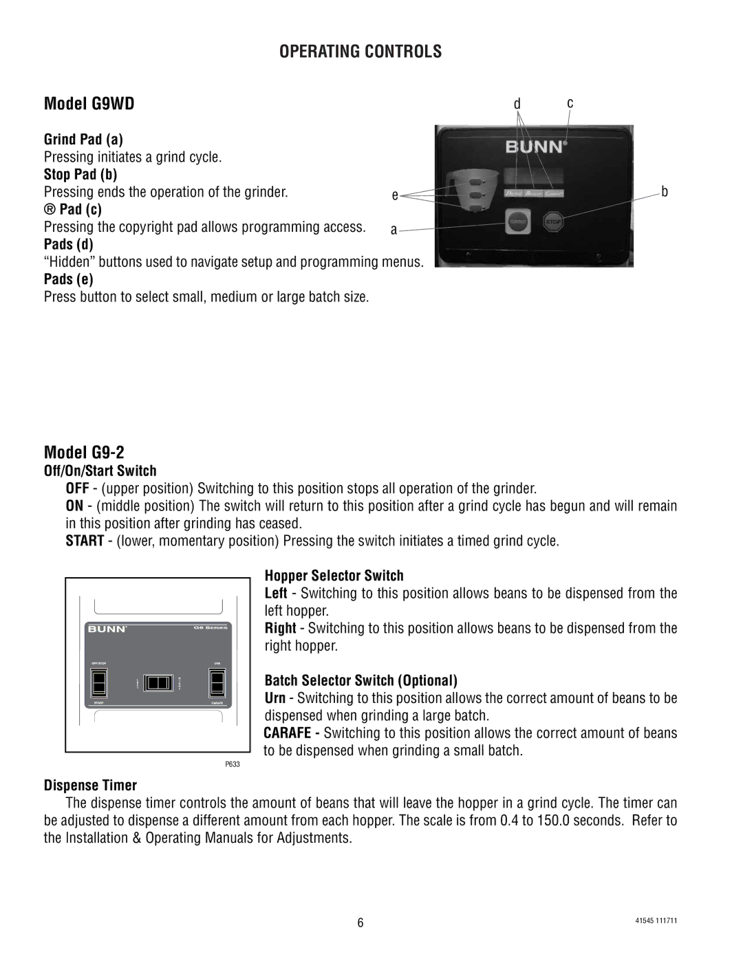 Bunn G1, LPG-2, G9-2T DBC, FPG-2 service manual Model G9WD, Model G9-2 